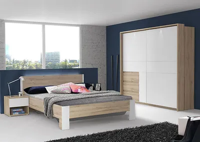 Image de Ensemble de chambre à coucher complet : armoire et lit 160 x 200 cm, 4 pièces, chêne Bianco blanc