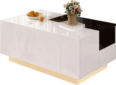 Zdjęcie produktu dla Stolik kawowy AIORBER o wysokim połysku z oświetleniem LED, wysuwany blat, szuflada, ukryty schowek, 16 kolorów oświetlenia, biało-czarny