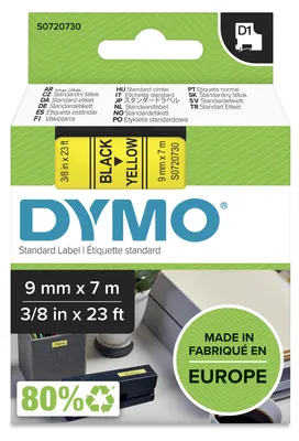 Obrázok produktu pre DYMO páska D1 9 mm x 7 m, čierna na žltej, Čierna na žltej, Polyester, Belgicko, -18 - 90 °C, DYMO, LabelManager, LabelWriter 450 DUO