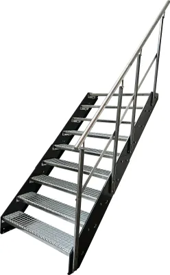 A metal staircase with a handrail against a white background.