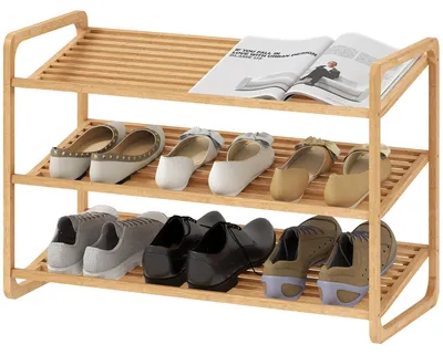 Image de Étagère à chaussures en bambou, 3 niveaux - Rangement à chaussures | Couleur : Marron | Dimensions : 76 x 33 x 50,8 cm