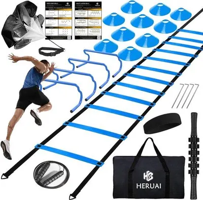 Obrázek produktu pro Sada pro rychlostní trénink s agility žebříkem – žebřík o délce 6 metrů – včetně překážek a kuželek – zlepšuje rychlost a koordinaci