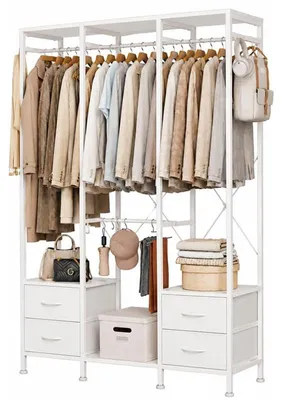 Kleiderschrank offen, 110x35x175 cm, Stahlrahmen, 3 Stangen, 4 Schubladen, Weiß