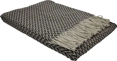 A folded throw blanket with a herringbone pattern and fringe detail.