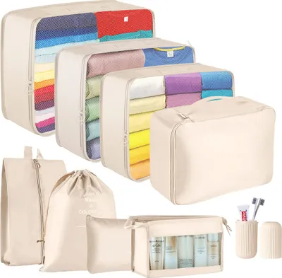 Produktbild von Packing Cubes, 9 Teilig Koffer Organizer, Koffer Gepäck Aufbewahrung, Kleidertaschen für trockene Kleidung, Schuhe, Unterwäsche, Kosmetik, Bücher