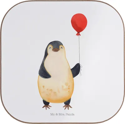 Produktbild von Mr. & Mrs. Panda Untersetzer für Gläser Pinguin Luftballon - Weiß - Geschenk, Glück, Holzuntersetzer, Coaster, Jahrmarkt, Motivation, Quadratisch, gläseruntersetzer