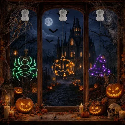 Produktbild von 【EINZIGARTIGES HALLOWEEN LICHTERKETTE 3ER-SET】 Verleihen Sie Ihrem Zuhause die perfekte Grusel-Atmosphäre! Dieses Set enthält 3 liebevoll gestaltete Motive aus robustem Eisen: einen Kürbis mit 20 orangefarbenen LEDs, eine Spinne mit 25 grünen LEDs und einen Hexenhut mit 13 violetten LEDs. Ein leuchtendes Highlight für jede Halloween Deko!【8 LICHTMODI & AUTOMATISCHE TIMER-FUNKTION】 Bringen Sie Abwechslung in Ihre Beleuchtung! Mit 8 verschiedenen Lichtmodi (z. B. Blinkend, Wellen, Sanftes Verblassen, Dauerlic