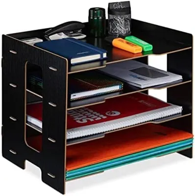 Produktbild von PolkaHome® Schreibtisch-Organizer, MDF, A4 Papier, 3 Fächer, Briefablage für Büro oder Homeoffice, Schwarz, H x B x T: 27 x 32,5 x 25 cm