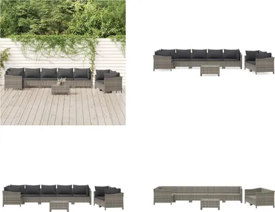 Produktbild von vidaXL 9 tlg. Garten Lounge Set mit Kissen Grau Poly Rattan - Garten Lounge Set - Garten Lounge Sets - Lounge Set - Gartenmöbel Set