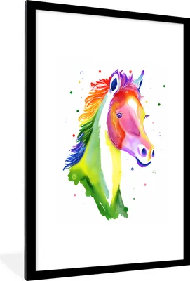 Produktbild von MuchoWow® MuchoWow® Gerahmtes Poster Pferd - Regenbogen - Weiß - Mädchen - Kinder - Mädchen 60x90 cm - Poster mit zchwarzem Bilderrahmen - Dekoration - Wandposter Wohnzimmer - Hochwertig