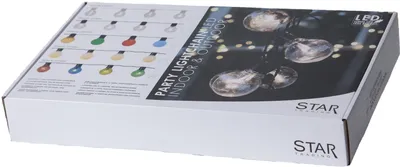 The image shows the retail packaging for a set of LED party lights. The box is white with colorful graphics and text describing the product.