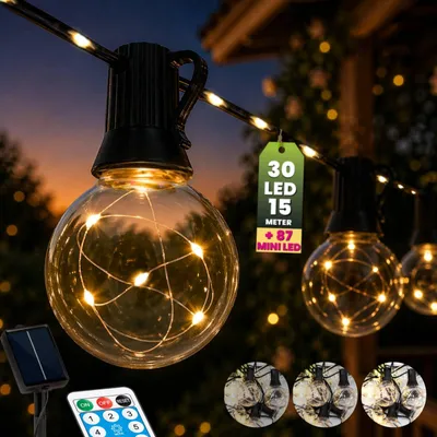 Produktbild von LUMILED Solar Lichterkette Außen 15m 30 LED mit 87 Zusatzdioden Bulb mit LEDs Drahtlichterkette Fernbedienung 8 Leuchtmodi IP44 Wetterfest Dimmbar Warmweiß 3000K Beleuchtung Garten Terrasse Balkon Party Deko