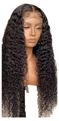 Produktbild von Lange, lockige Afro-Perücke für Damen, natürlich aussehend, aus hitzebeständiger Kunstfaser, flauschig, mit Mittelscheitel, Lace-Front, kraus gewellt, synthetische Perücke
