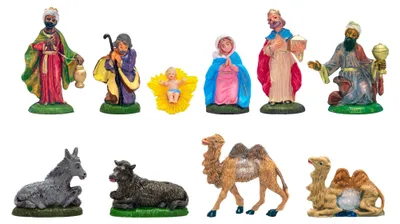 Krippenfiguren-Set, 10 handbemalte Figuren, Keramik, 8 cm