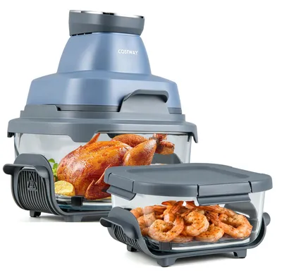 Obrázek produktu pro Fritéza COSTWAY 4 l/1,7 l, multifunkční fritéza 6 v 1, 1500 W, smažení horkým vzduchem a pečení, kompaktní přenosná fritéza se 2 odnímatelnými skleněnými nádobami a víkem