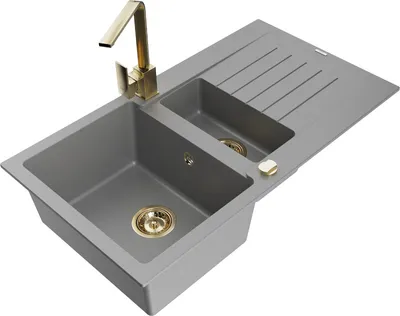 Produktbild von Mexen Matias 1,5-Becken-Granitspüle mit Abtropffläche und Mischbatterie Rita, Grau - 6502-71-670300-50