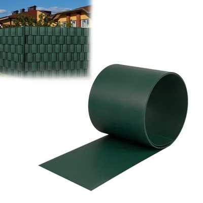 A roll of green PVC fence screening is shown next to a sample of the screening installed on a fence.