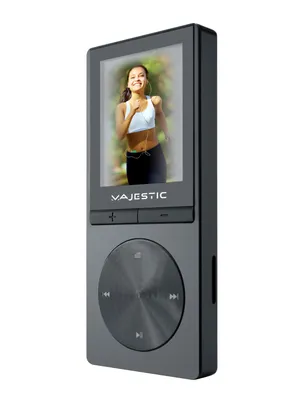 A digital media player with a screen displaying a woman running.