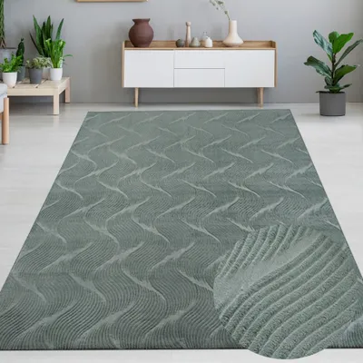 Produktbild von Schöner Wohnzimmerteppich dünn Wellenmuster unifarben in grün Größe - 160 x 220 cm