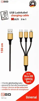 Immagine prodotto di 2GO 3in1 USB Ladekabel Micro-USB,Apple,TypeC Nylon 1,5m gold