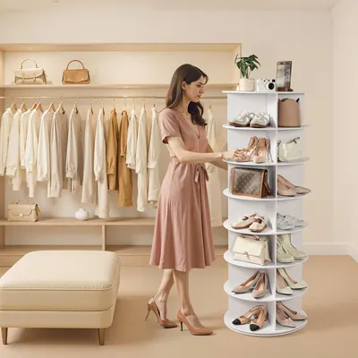 Produktbild von Drehbares Schuhregal und Schuhschrank für 28 Paar Schuhe, 7 Ebenen, um 360° drehbar, platzsparende Schuhaufbewahrung für Schlafzimmer, Wohnzimmer und Eingangsbereich, Weiß, 598 x 598 x 1620 mm