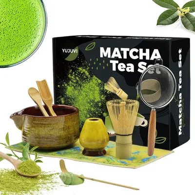 Immagine prodotto di Set da tè Matcha da 9 pezzi, completo di ciotola, frustino, supporto, setaccio, spatola, cucchiaino e panno – motivo a onde, color oro