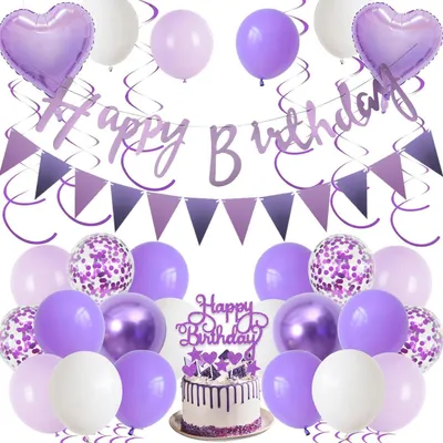 Productafbeelding van Verjaardagsdecoratieset: paarse ballonnen, slingers, taartdecoratie, cupcake-toppers, spiralen