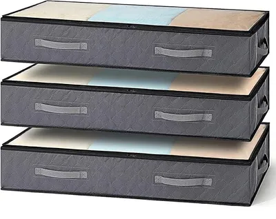 Produktbild von PolkaHome® 3er Set Unterbettkommode Aufbewahrungsbox mit Deckel 90L faltbar mit Reißverschluss und Griffen für Bettdecken Kleidung