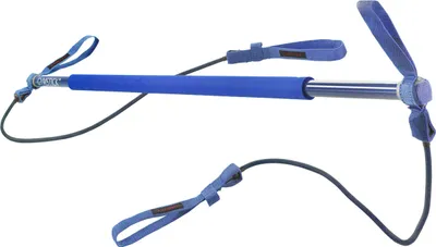 A blue and silver fitness bar with resistance bands and handles.