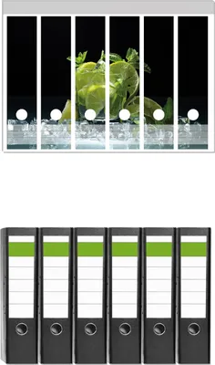 Produktbild von Wallario 6 Stück breite Ordner inkl. Klebeetiketten mit Motive Mojito - Cocktail mit Limetten, Eis und Minze -  Set mit Rückenschildern / Ordnerrücken Stickern