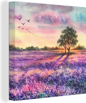 Produktbild von OneMillionCanvasses® - Leinwandbilder - Bild auf Leinwand Wandbild Leinwandbild Lavendel - Farbe - Vögel - Bäume - Lila, 90x90 cm, Kunstdruck Wandkunst Gemälde auf Holzrahmen - Malereien - Wandschmuckes