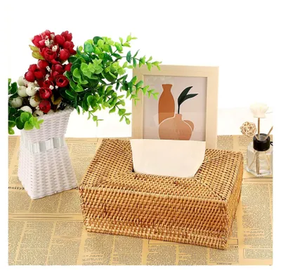 Produktbild von Rechteckige Rattan-Gewebepapier-Abdeckung, dekorativer Taschentuchhalter und Serviettenspender für Zuhause und Büro