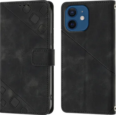 Produktbild von Hülle für iPhone 12 / 12 Pro Prägung Flip Leder Brieftasche Schutzhülle mit Ständer Schwarz