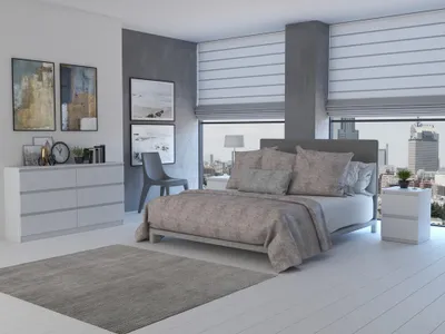 A modern bedroom with a large window view of a city.