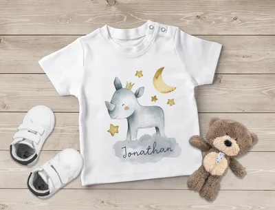 Produktbild von Baby T-Shirt mit Namen Tier-Motive Nashorn Löwe Elefant Watercolor Junge Mädchen kurzarm Baumwolle SpecialMe® Nashorn weiß 56/62 (1-3 Monate)