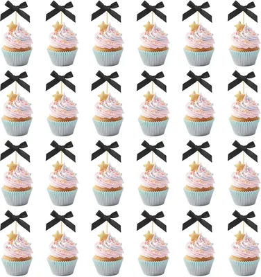 Produktbild von 24 Stück Schwarze Schleifen Cupcake Topper - Coquette Ribbon Bow Geburtstagstorte Topper - Süße Cupcake Picks Geburtstagsfeier Dekorationen für Junggesellinnenabschied Babyshower Hochzeit Dekor