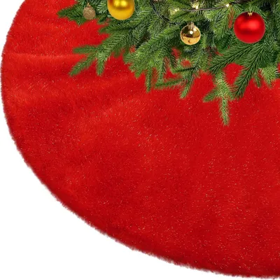 Zdjęcie produktu dla Świąteczna podkładka pod choinkę, plusz, sztuczne futro, czerwona, 90 cm, z brokatem