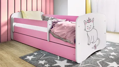 Image de Lit d'enfant Lit d'adolescent Chat 70x140, 80x160, 80x180 cm - Set complet avec matelas, tiroir & protection antichute