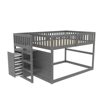 Produktbild von Niedriges Etagenbett140 x 200 cm, Sicherheits-Etagenbett mit Staufach, hohes Zaun-Design, Holzbett, grau