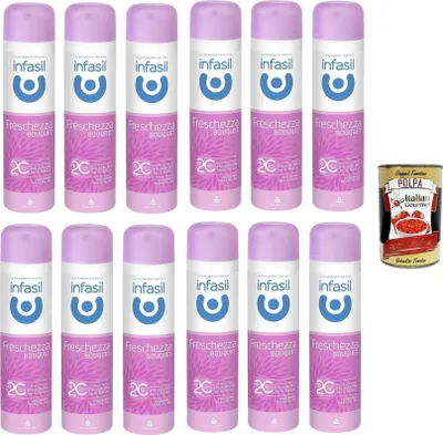 Produktbild von Infasil Lufterfrischer-Spray mit Molekül 2C, ohne Alkohol, wirksam bis zu 24 Stunden, Blumenduft, Deo 12x 150 ml + Italian Gourmet polpa 400g