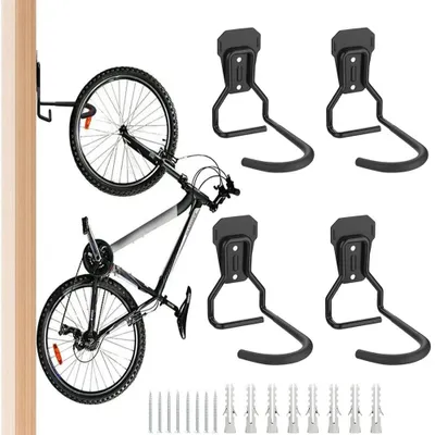 Produktbild von 4er-Pack Fahrradhalter - Wandmontierter Fahrradständer - Fahrradaufhänger - Platzsparend - Für Garage, Haus und Garten - Schwarz