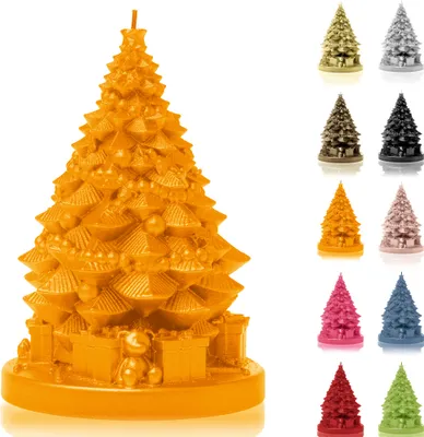 Produktbild von Candellana Kerze Weihnachtsbaum mit Geschenken | Höhe: 16 cm | Orange | Brennzeit 35h | Weihnachten | Handgefertigt in der EU
