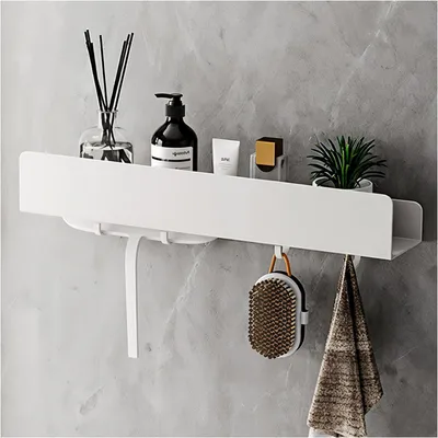 Image de Étagère de douche sans perçage, 40 cm, en acier inoxydable, avec 4 crochets, blanche, rectangulaire