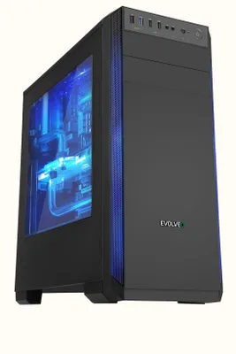 A black computer tower with blue internal lighting.