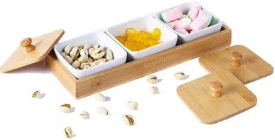 Produktbild von Servierset mit Serviertablett – 4 weiße Porzellan-Dipschalen