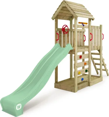 Image de Tour de jeux Wickey JoyFlyer avec toboggan et mur d'escalade, couleur vert clair