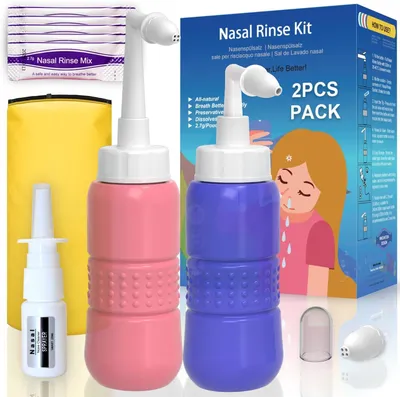 Produktbild von Nasenspülflasche Set, 2 Stück, blau und rosa, weiche Mundstücke, für tägliche Nasenreinigung
