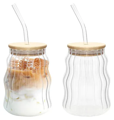 2er-Set Trinkgläser mit Deckel & Strohhalm, 530 ml, Borosilikatglas