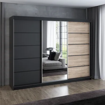 Produktbild von Schwebetürenschrank 200 cm, 3-türig, mit Spiegel & 4 Schubladen, Retro-Stil, modern, in Weiß/Schwarz/Sonoma – Kleiderschrank VILUNO 2