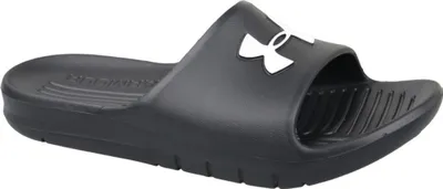 A black Under Armour slide sandal with a white Under Armour logo.
